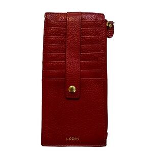 Lodis Slim Red Leather Credit Card Wallet 8 Card Slots Middle Zip Closure